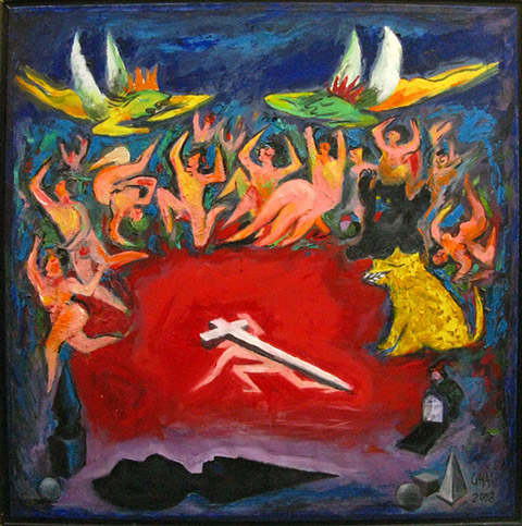 Orgy at His Recurring Crucification, a painting by Suraj Ghai
